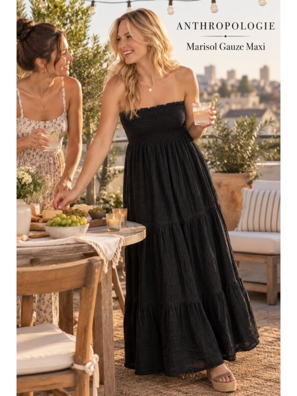 Anthropologie Marisol Maxi Dress 2X Black Smocked Gauze Strapless Tiered Cotton